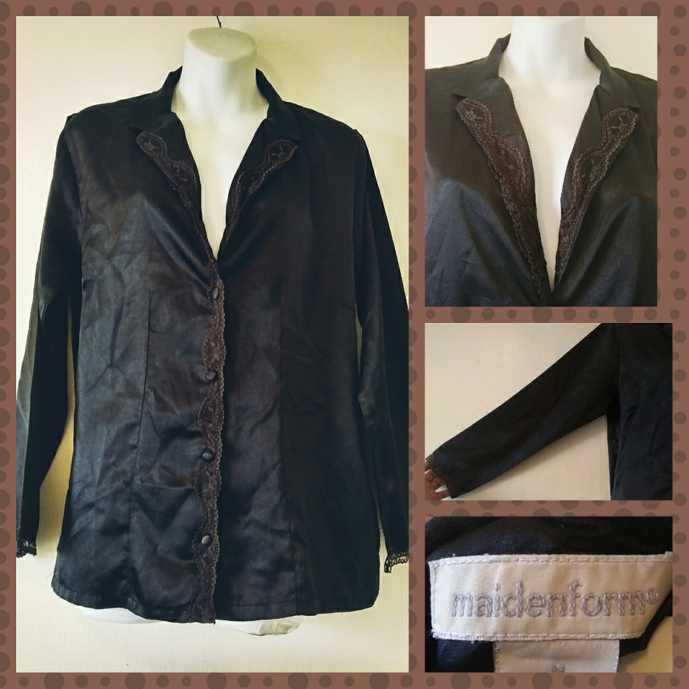 VTG 90s Maidenform Black/Brown Lace PJ Sleep Top M